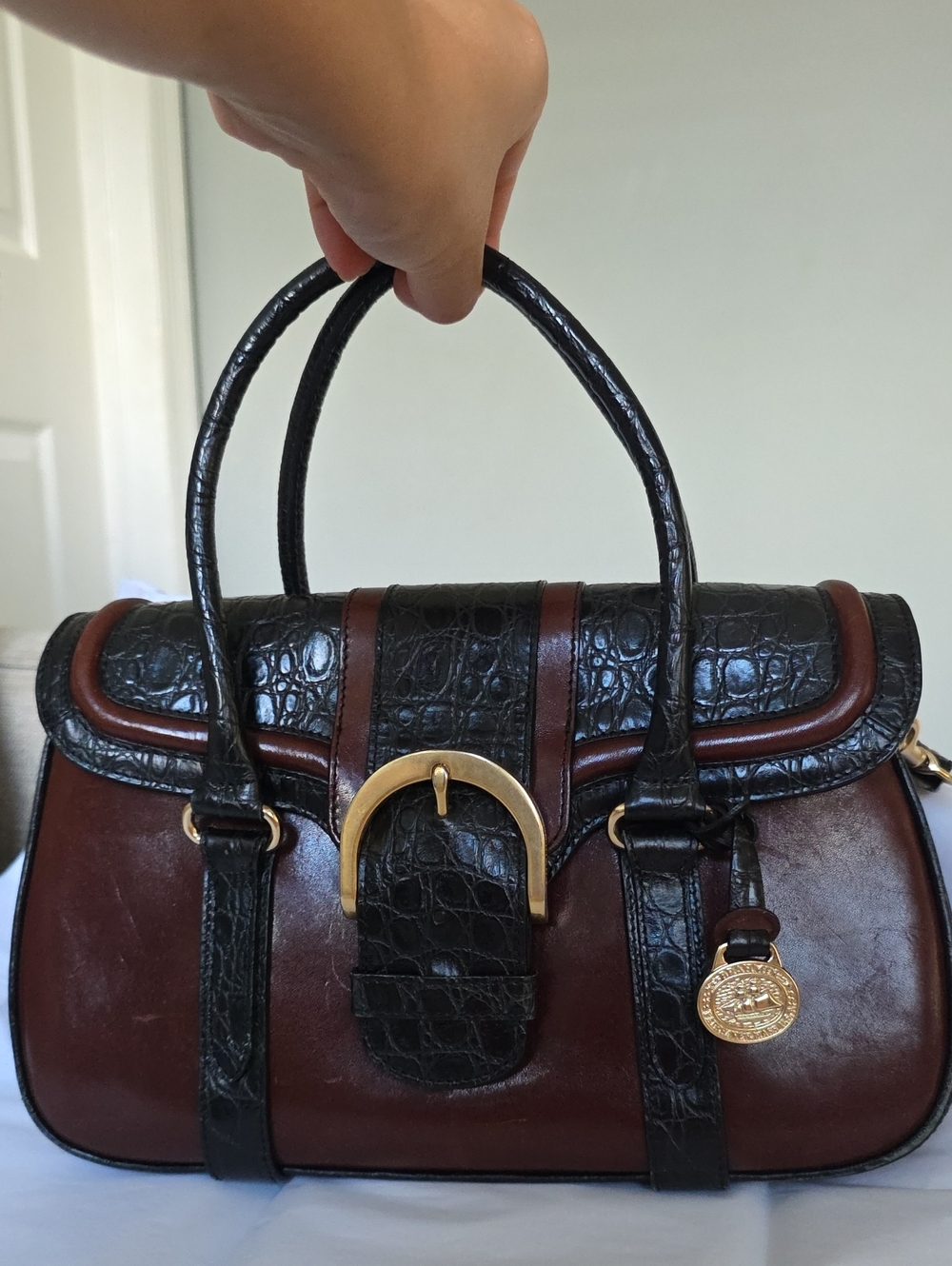 Vintage Brahmin Black Croc-Trim and Brown Leather Satchel
